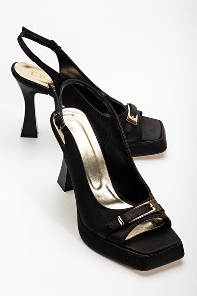LİLLA Women's High Heeled Pointed Toe Gold Buckle Black Satin Evening Dress Shoes