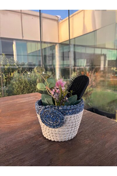 home inn Rose Detailed Wicker Look Handmade Mini Basket – Navy Blue - White