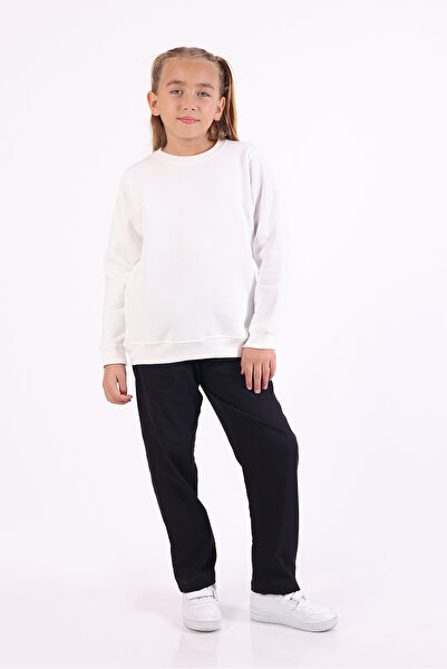 Rekormoda Unisex Basic Men's Sweatshirt Crew Neck 3-Thread Fleece-Lined Basic Girls' Sweatshirt 5-14 Years Old Ecru