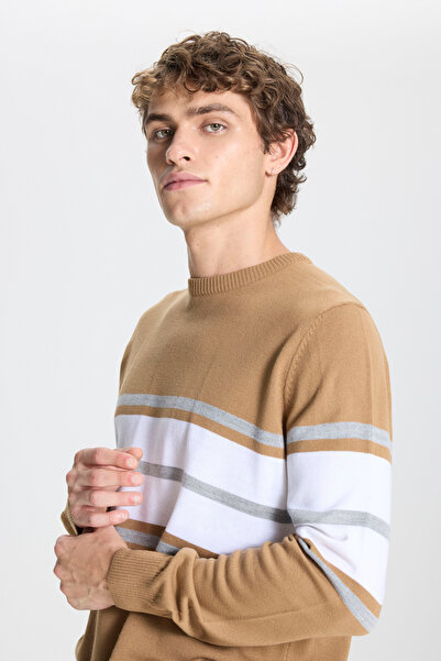 ALTINYILDIZ CLASSICS Light Brown-Cream Standard Fit Regular Cut Crew Neck Striped Knitwear Sweater
