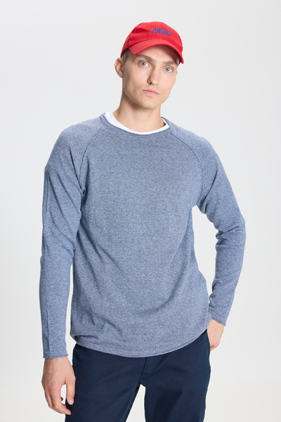 AC&Co / Altınyıldız Classics Pulover din bumbac cu model Muline, croială normală, guler rotund, fit standard, indigo-ecru