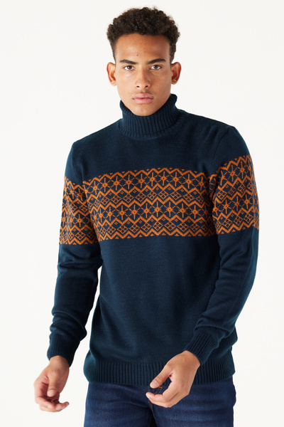 AC&Co / Altınyıldız Classics Navy Blue-Tile Standard Fit Regular Cut Turtleneck Zigzag Patterned Knitwear Sweater