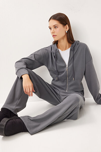 Lovelyİstanbul Hooded Zippered Knitted Top and Bottom Set Lci0049 Smoked