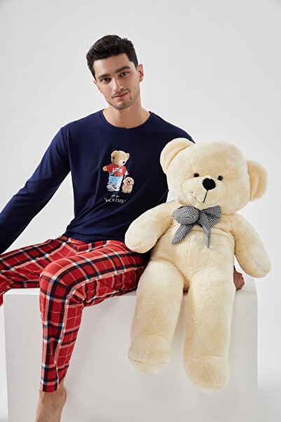 koza iç giyim Men's Soft Textured Teddy Bear Printed Plaid Pattern Pajama Set