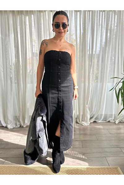 Burcu Özpıranga ZRA Midi Boy Straplez Denım Elbise
