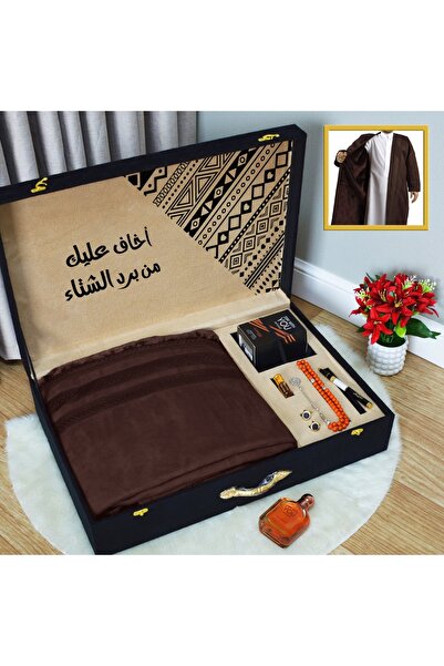 Generic Men's gift set: fur-lined cloak with perfume, pen, prayer beads, and elegant cufflinks for winter.