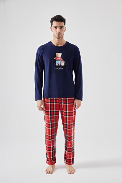 koza iç giyim Men's Soft Textured Teddy Bear Printed Plaid Pattern Pajama Set