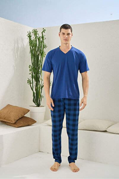 KLY 100% Cotton Men's Plus Size V-Neck Pajama Set Stylish Design