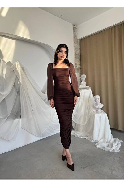 EtikaOnline Kolları Tül Drapeli Midi Elbise