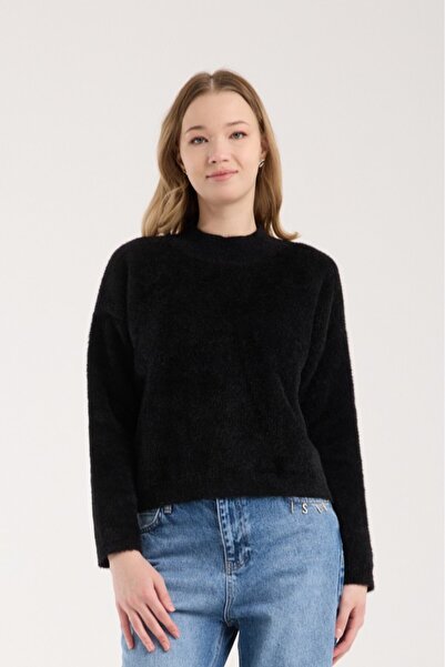 Moda Days Women's Black Beard Yarn Half Turtleneck Knitwear Sweater