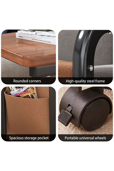 CHOIWIN 【Wood Grain C-Shaped Mobile Side Table with Wheels】3-Layer Storage Rolling End Table with Side Pocke