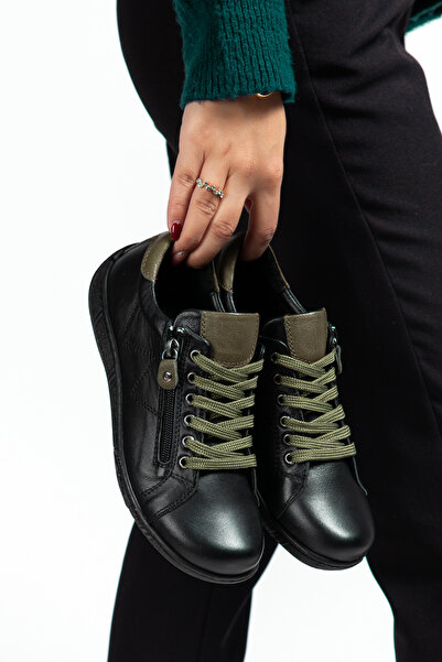 CANİLH Genuine Leather Soft Sole Women's Black Green Sneaker Casual Sports Shoes