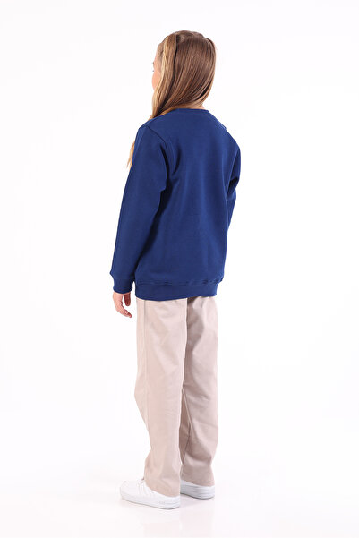 Rekormoda Christmas Printed Sweatshirt for Girls, Christmas Themed, Crew Neck, 3-Thread, Fleece-Lined 5-10 Years Old, Navy Blue