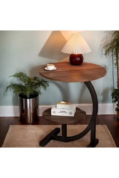 Enjoylifeme 2-Tier C-shaped Side Table with Metal Frame Wooden Modern Coffee Table with Low Shelf for Coffee