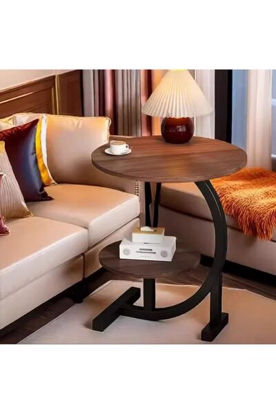 Enjoylifeme 2-Tier C-shaped Side Table with Metal Frame Wooden Modern Coffee Table with Low Shelf for Coffee
