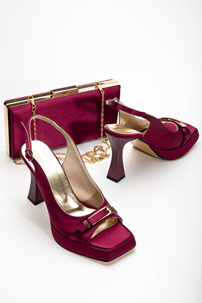LİLLA Women's High Heeled Pointed Toe Gold Buckle Burgundy Satin Evening Dress Shoes