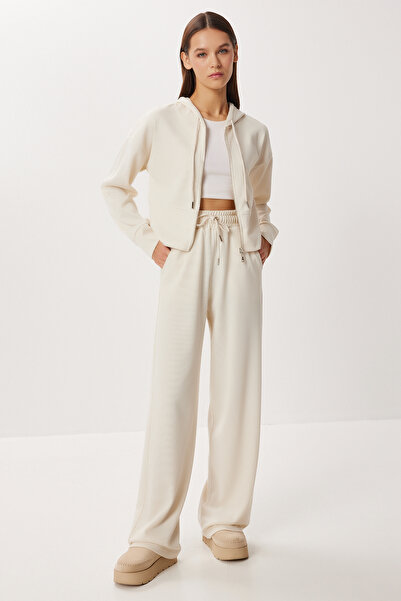 Lovelyİstanbul Hooded Zippered Knitted Top and Bottom Set Lci0049 Cream
