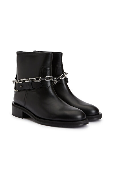 Dıvarese Siyah Zincir Detaylı Kadın Deri Bot