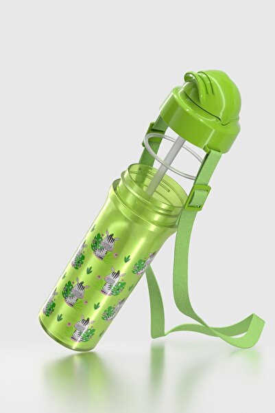 Renga Migo Zebra Patterned 300 ml Pp Baby Water Bottle with Strap and Straw 912013 Green