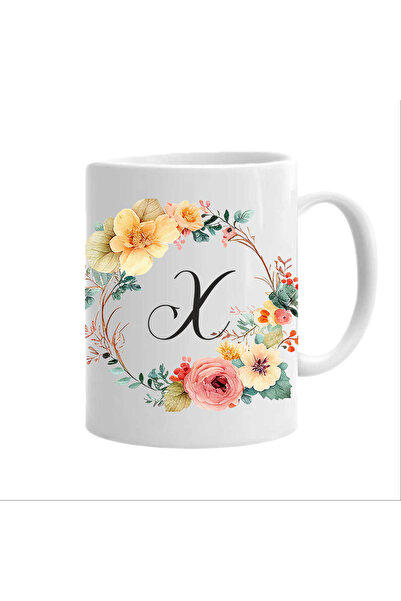 AFFIX THE DIFFERENT PERSPECTIVE Personalized mug with initial name, white, 350ml, Flower-Alphabet Collection, letter X