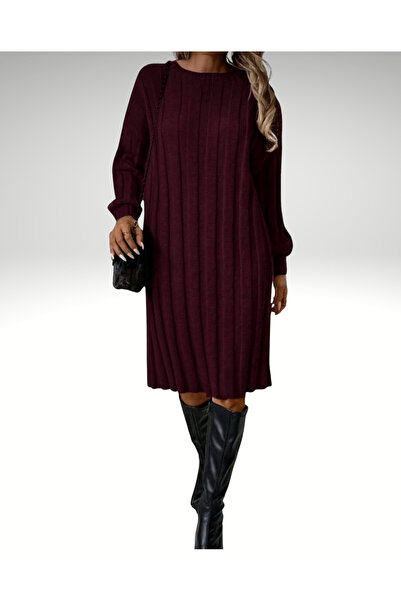 AlanTeks Crew Neck Wide Ribbed Long Sleeve Woven Detailed Knee-Length Knitwear Dress