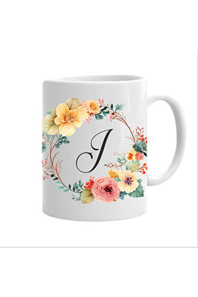 AFFIX THE DIFFERENT PERSPECTIVE Personalized mug with initial name, white, 350ml, Flower-Alphabet Collection, letter J