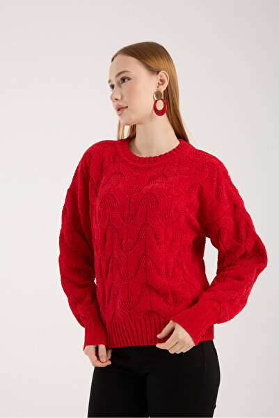 Moda Days Women's Red Chenille Velvet Hair Knit Patterned Crew Neck Knitwear Sweater