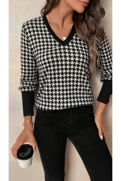 JANES Women's Long Sleeve V-Neck Patterned Single Jersey Blouse