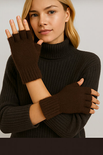 ZERAMİNE Plush Half Finger Women's Gloves – Soft Winter Model Bitter Brown