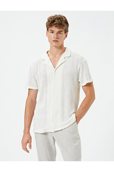 Koton Oversized Shirt Short-Sleeve Turn-Down Collar Lace-Like Knit