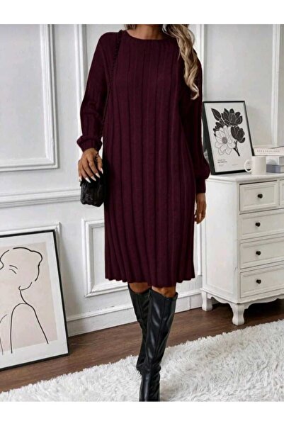 EKİN DEMİR Crew Neck Long Sleeve Wide Corded Fabric Weaving Detailed Knitwear Dress