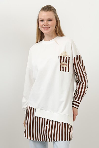 Puane Women's Front Pop Corn Printed and Bead Embroidered Line g Paneled Tunic - 10651Tun - Ecru-Brown