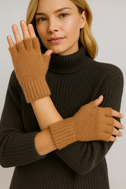 ZERAMİNE Plush Half Finger Women's Gloves – Soft Winter Model Milk Coffee