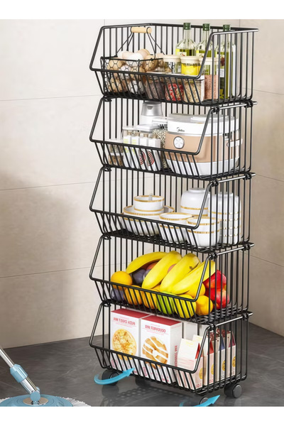 Zeno رف تخزين حديث بخمس طبقات - أسود، تصميم فولاذي، مع عجلات دوارة - لتنظيم ا...