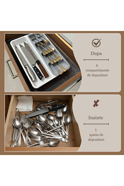 Köken Cutlery organizer for drawer, 6 compartments, drawer cutlery holder 28 x 39.5 x 5 cm, Plastic,Grey
