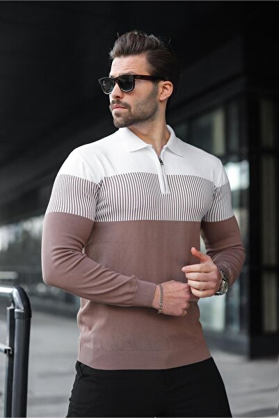 Madmext Brown Zipper Collar Color Block Long Sleeve Sweater 7262