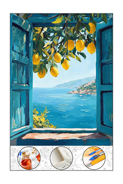 abbara Sayılarla Boyama Hobi Seti Çerçeveli Tuval Fırça Boya Dahil Kasnaklı 40x50 Cm Sahil Kasabası