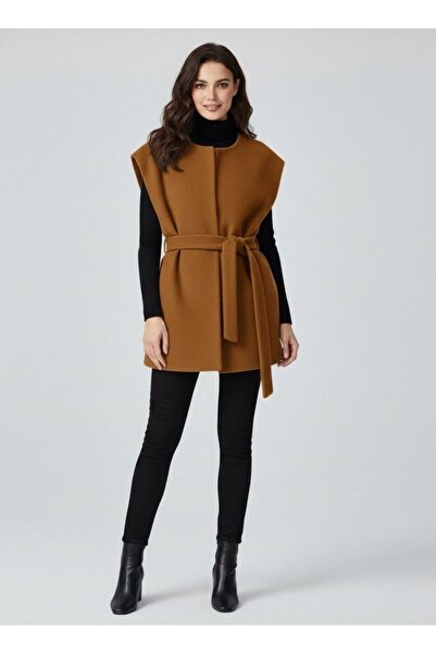 Tangül&Ali'S Moda Evi Kuşaklı Camel Kaşe Yelek