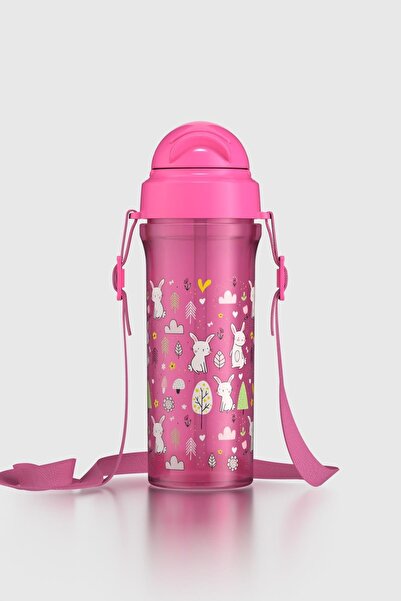 Renga Migo Rabbit Patterned 300 ml Pp Baby Water Bottle with Strap and Straw 912013 Pink