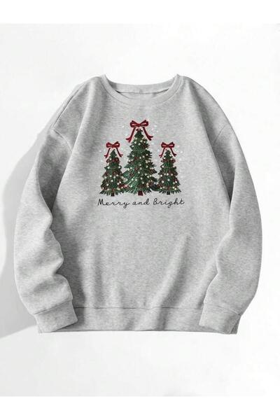 FAVORİST Christmas Pine Tree Printed Sweatshirt