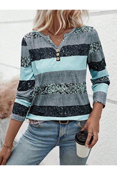 JANES Women's Long Sleeve Button down Collar Striped Pattern Single Jersey Blouse