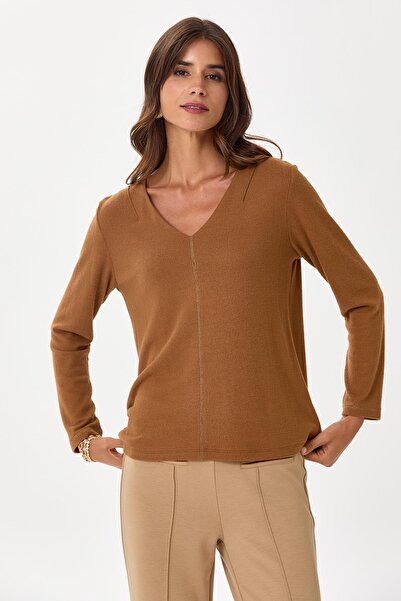 İKİLER Plus Size V-Neck Long Sleeve Soft Blouse