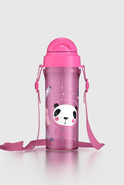 Renga Migo Panda Patterned 300 ml Pp Baby Water Bottle with Strap and Straw 912013 Pink