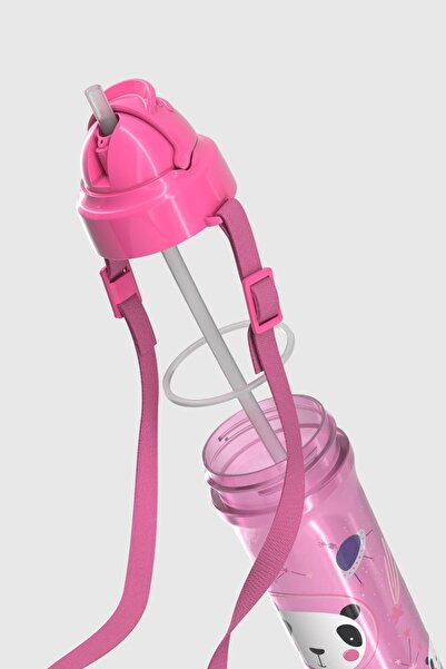 Renga Migo Panda Patterned 300 ml Pp Baby Water Bottle with Strap and Straw 912013 Pink