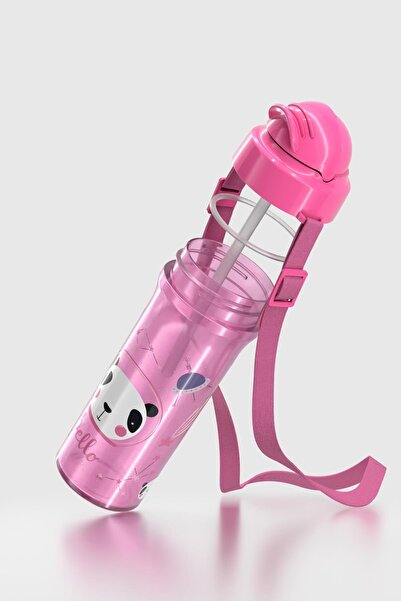 Renga Migo Panda Patterned 300 ml Pp Baby Water Bottle with Strap and Straw 912013 Pink