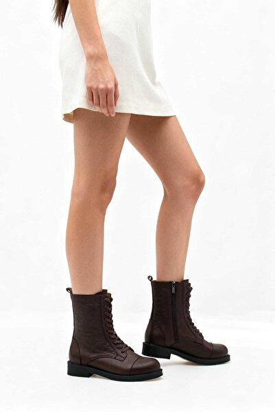 ERNİLA Γυναικείες μπότες LARA από γνήσιο δέρμα καφέ με κορδόνια