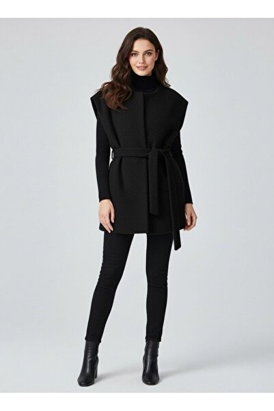 Tangül&Ali'S Moda Evi Kuşaklı Siyah Kaşe Yelek