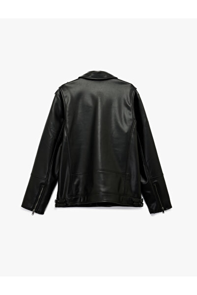 Koton Double-Breasted Faux Leather Biker Jacket with Lapel Pocket Detail and Long Sleeves