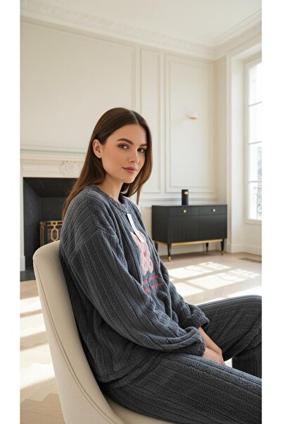 MİSS ELİZZA Gray Pajama Set with Plush Fluffy Teddy Bear