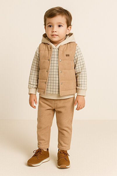 Uğur bebe Natural Cotton Puffer Vest Hooded Sweat Pocket Tracksuit 3-Piece Beige Men's Set Ultra Comfort & Style